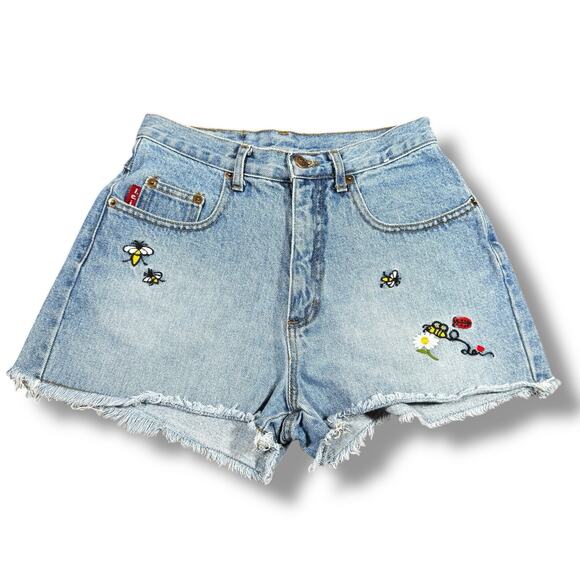 Vintage Y2K l.e.i. Denim Cutoff Shorts Bee Flower Embroidered Frayed Hem Size 7 - Picture 1 of 10